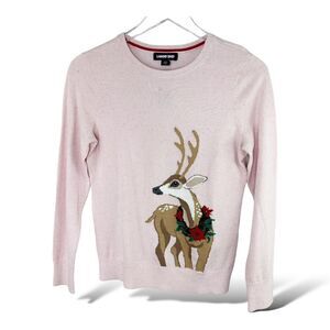 Lands' End Pink Crewneck Reindeer Holiday Cotton Sweater Women’s x-small